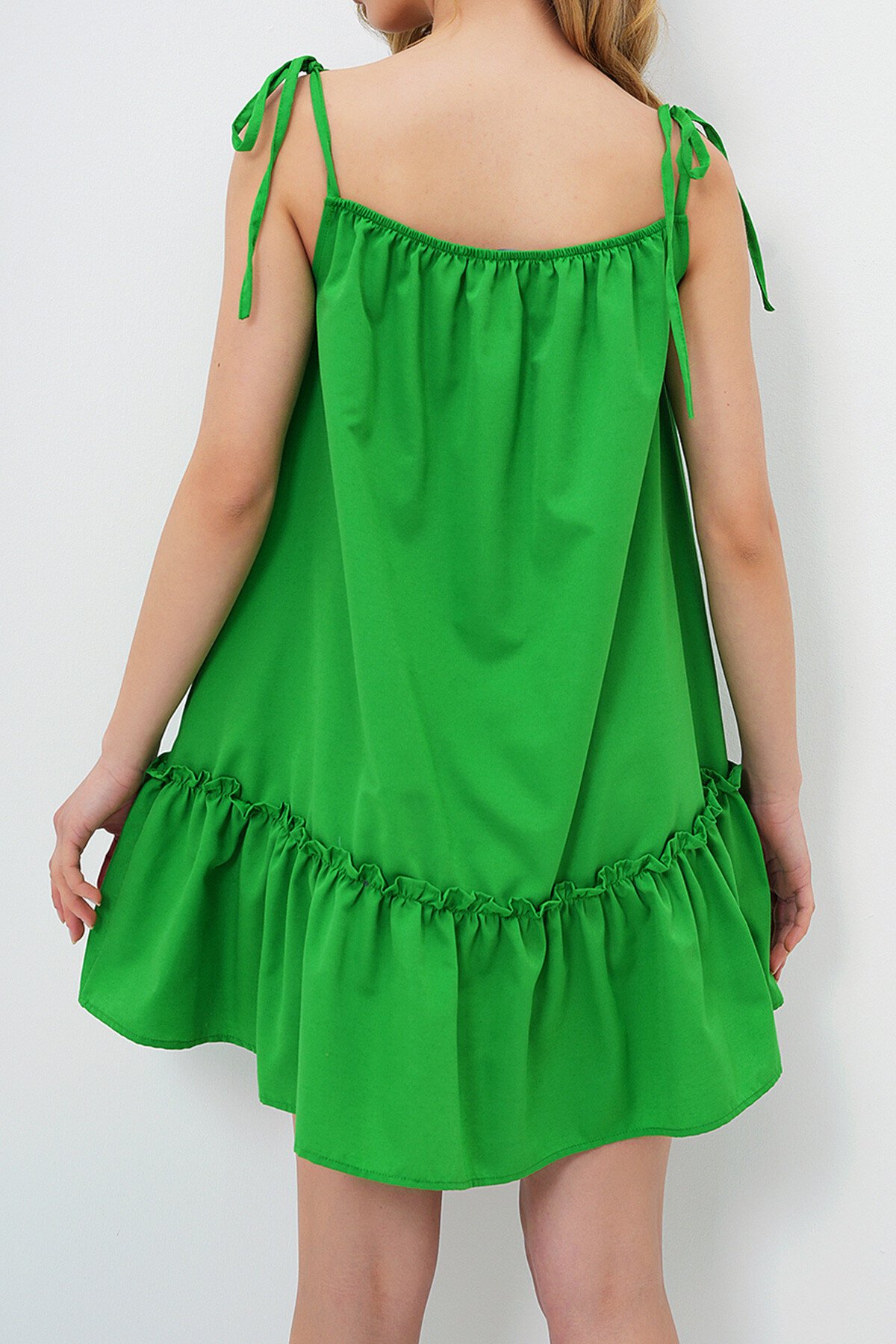 Yeşil İp Askılı Eteği Volanlı Terry Cotton Keten Elbise