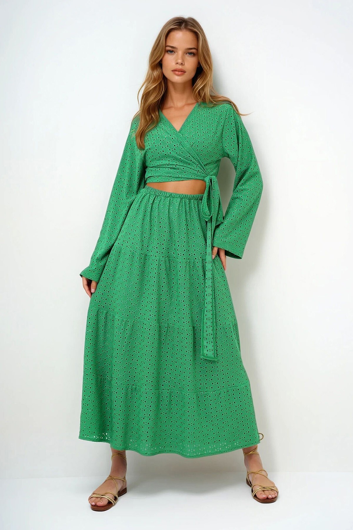 Yeşil Katkat Volanlı Güpür Premium Etek