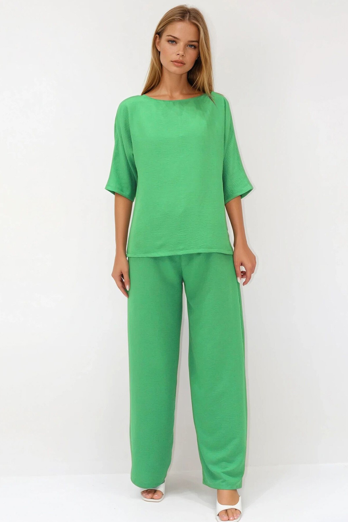 Yeşil Kayık Yaka Bluz Ve Pantolon Aerobin Takım