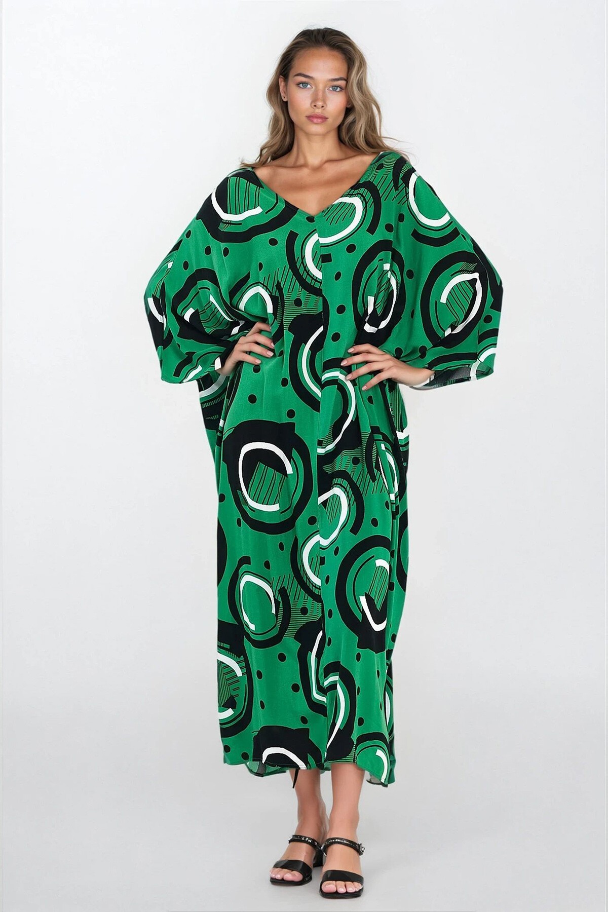Yeşil Maxi Boy Baskılı Viskon Büyük Beden Elbise