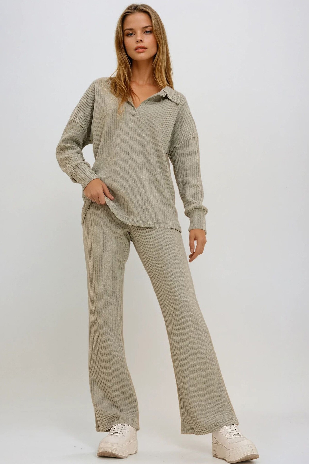 Yeşil Polo Yaka Üst Ve Palazzon Pantolon Triko Alt Üst Takım