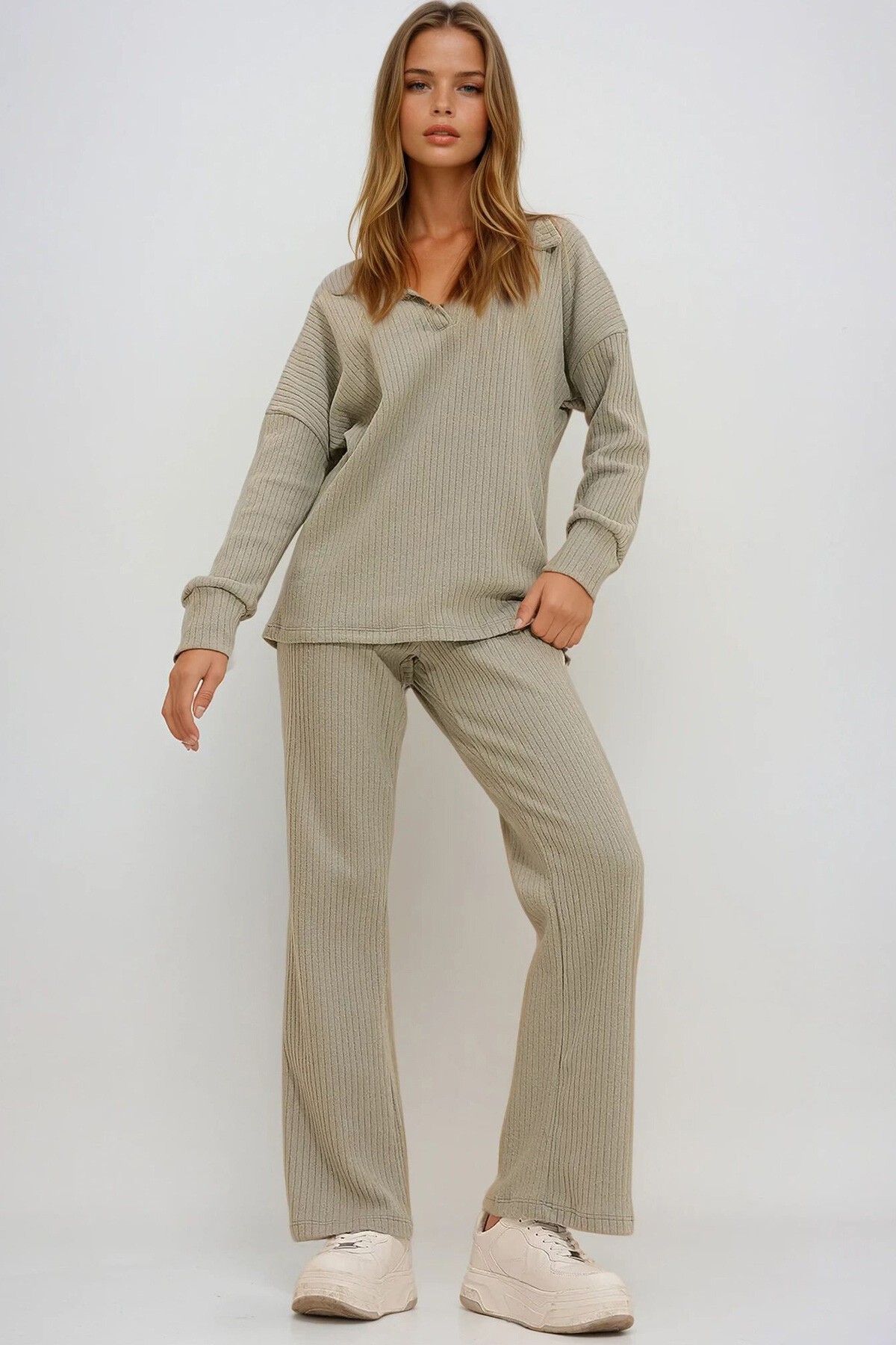 Yeşil Polo Yaka Üst Ve Palazzon Pantolon Triko Alt Üst Takım