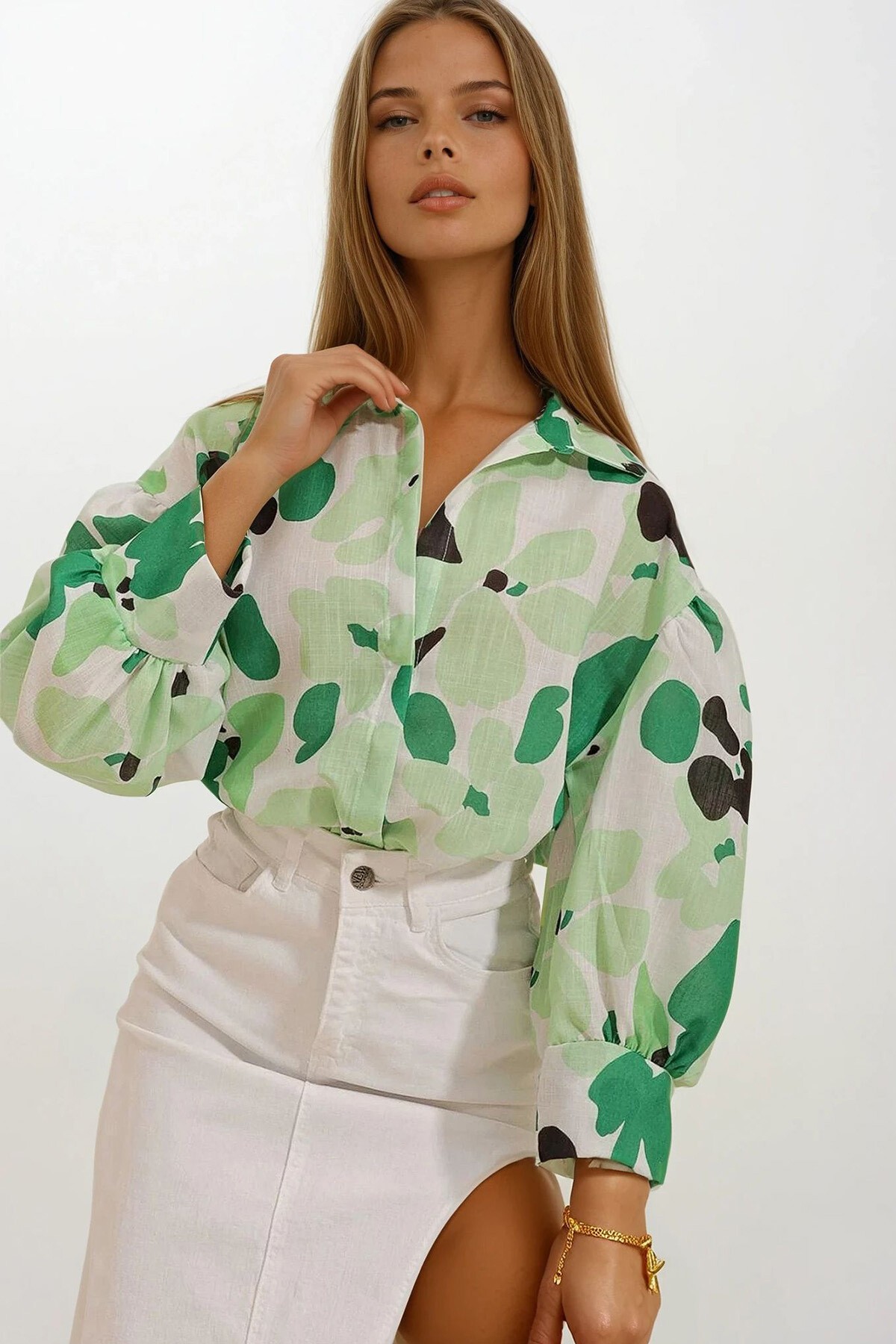 Yeşil Prenses Etnik Desenli Flamlı Keten Dokuma Gömlek