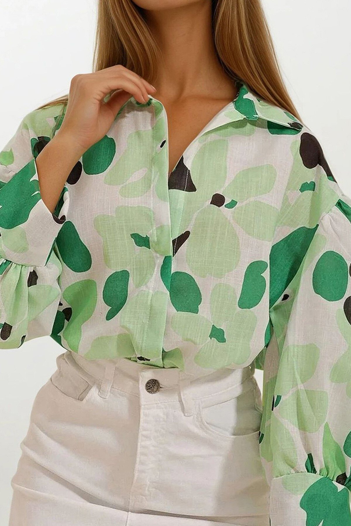 Yeşil Prenses Etnik Desenli Flamlı Keten Dokuma Gömlek