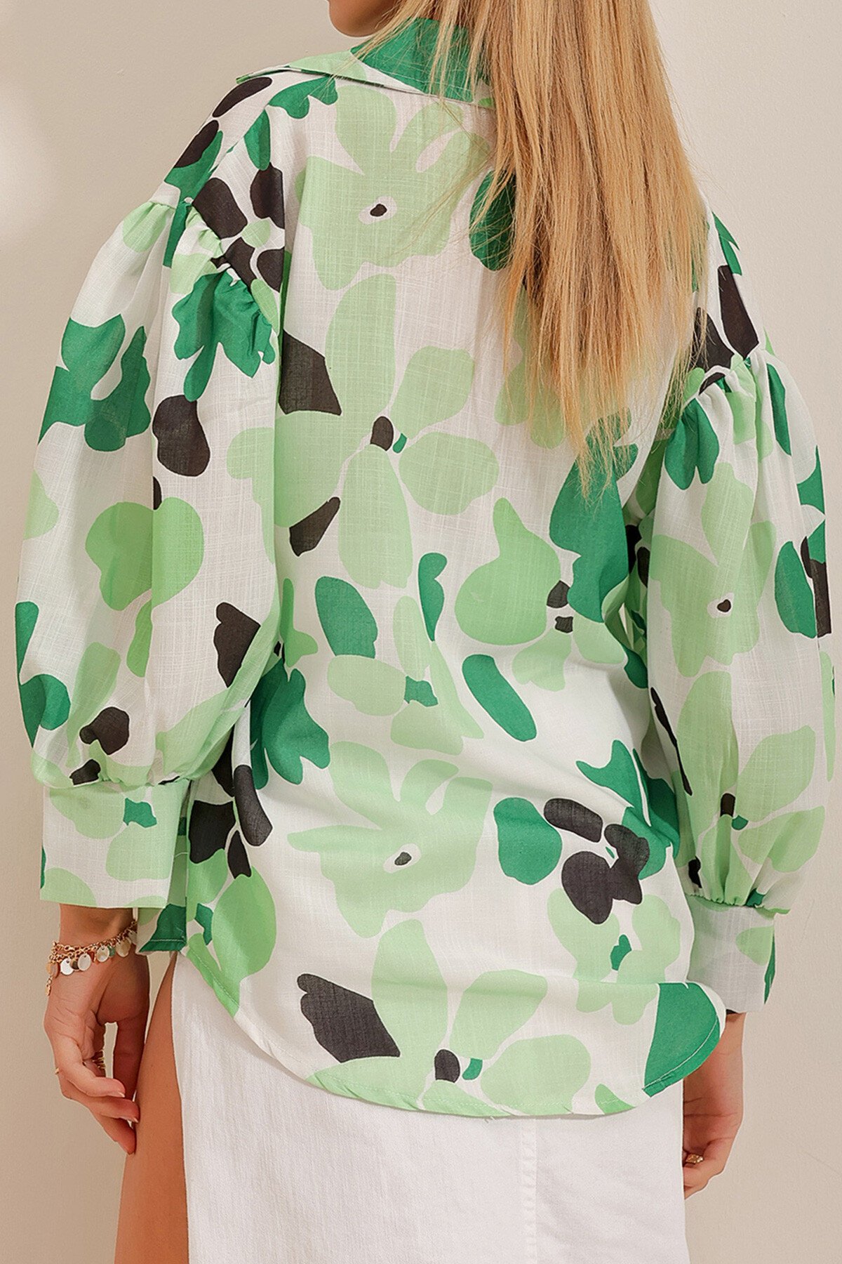 Yeşil Prenses Etnik Desenli Flamlı Keten Dokuma Gömlek