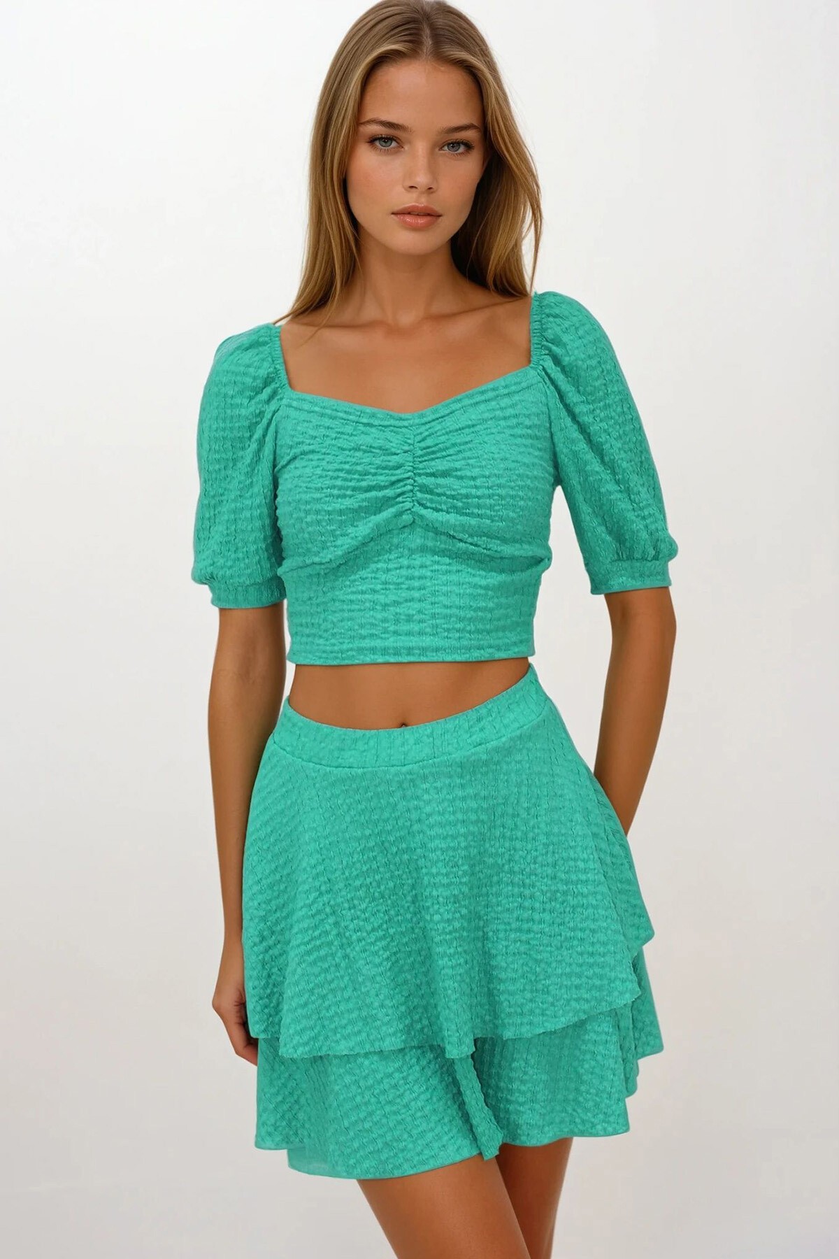 Yeşil Prenses Kol Büzgülü Bluz Ve Eteği Volanlı Bürümcük Takım