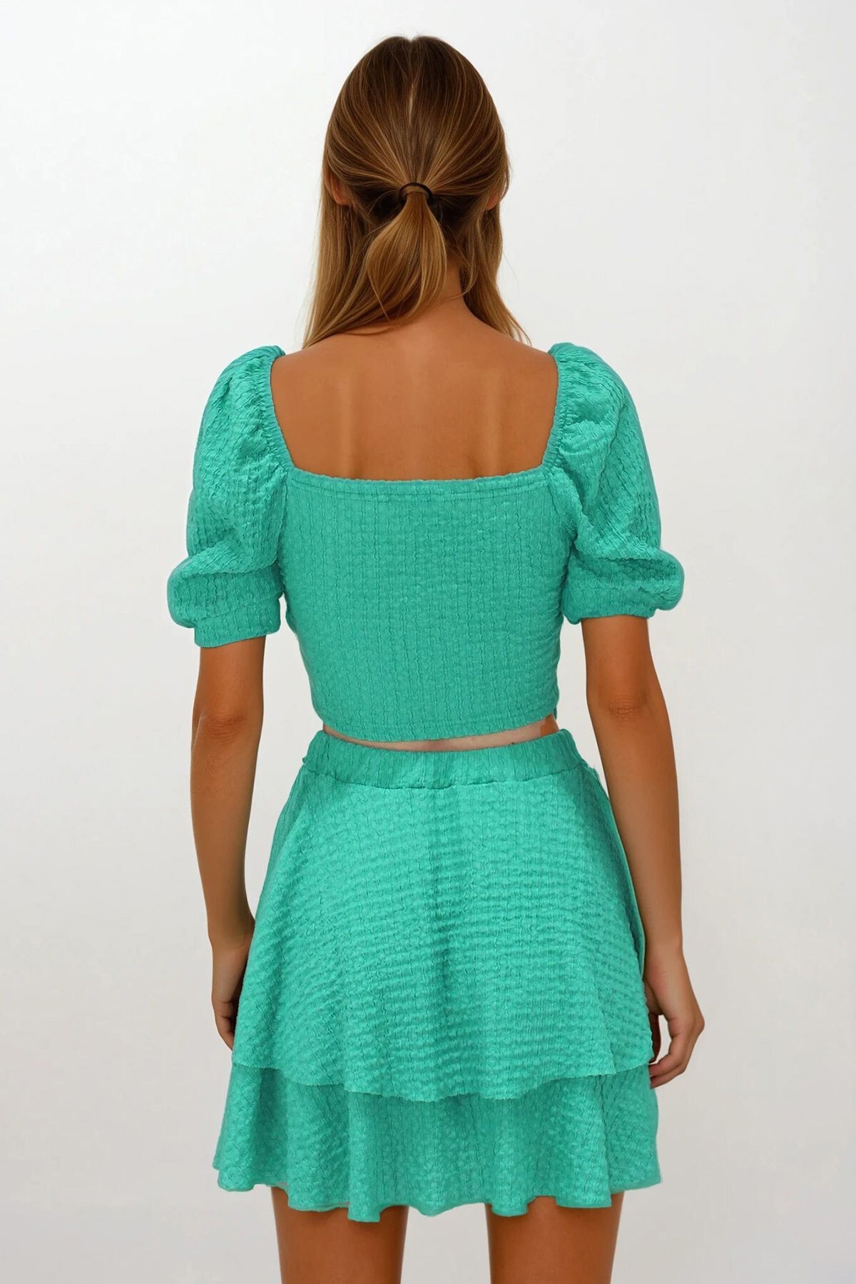 Yeşil Prenses Kol Büzgülü Bluz Ve Eteği Volanlı Bürümcük Takım