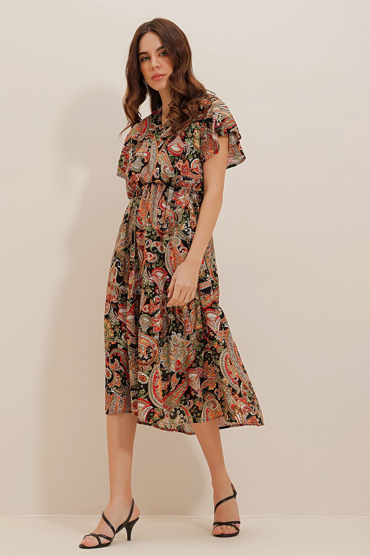 Yeşil-Siyah Kruvaze Yaka Desenli Midiboy Dokuma Viskon Elbise