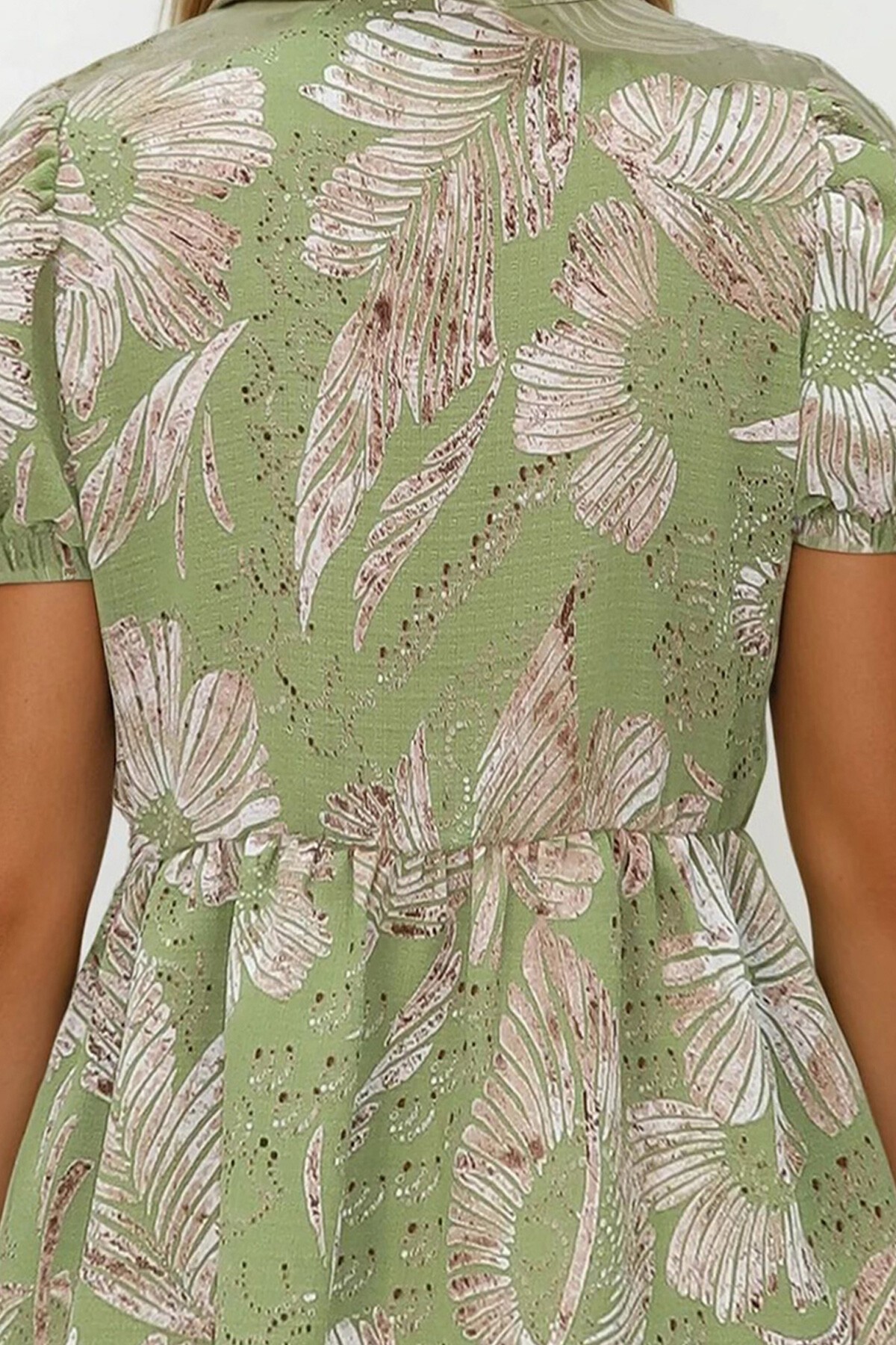 Yeşil V Yaka Karpuz Kol Desenli Eteği Volanlı Dokuma Bluz