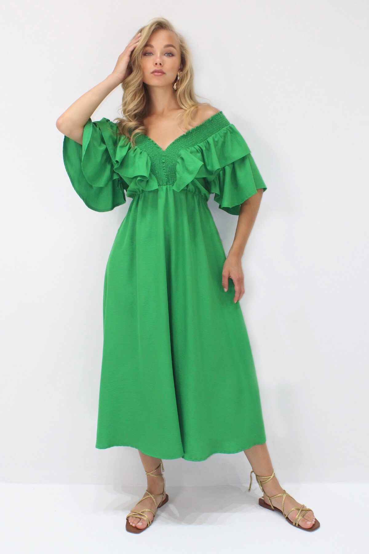 Yeşil Yakası Gipeli Ve Volanlı Beli Midiboy Dokuma Elbise