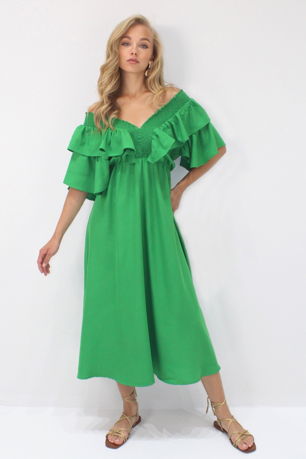 Yeşil Yakası Gipeli Ve Volanlı Beli Midiboy Dokuma Elbise