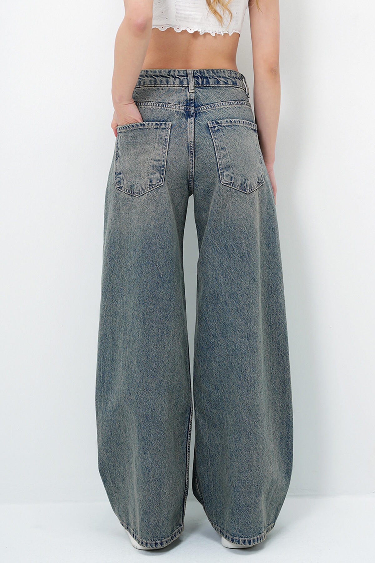 Yeşil Yüksek Bel Vintage Yıkamalı Buggy Kesim Jean Pantolon