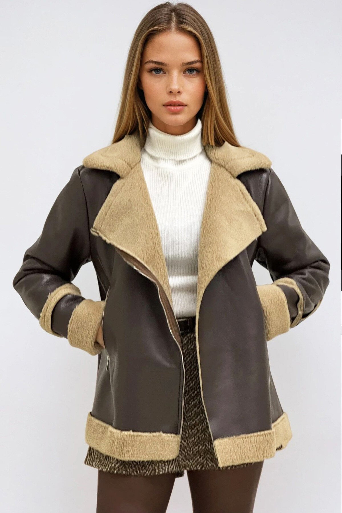 Acı Kahve Bej Çift Cepli İçi Suni Kürklü Suni Deri Biker Ceket