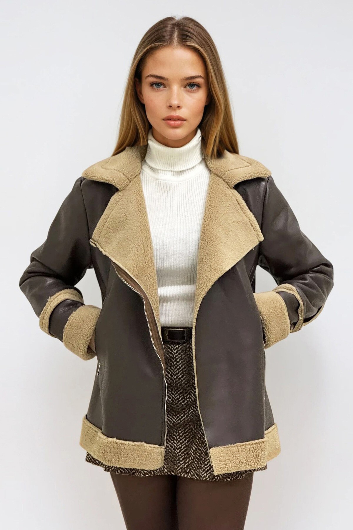 Acı Kahve Bej Çift Cepli İçi Suni Kürklü Suni Deri Biker Ceket
