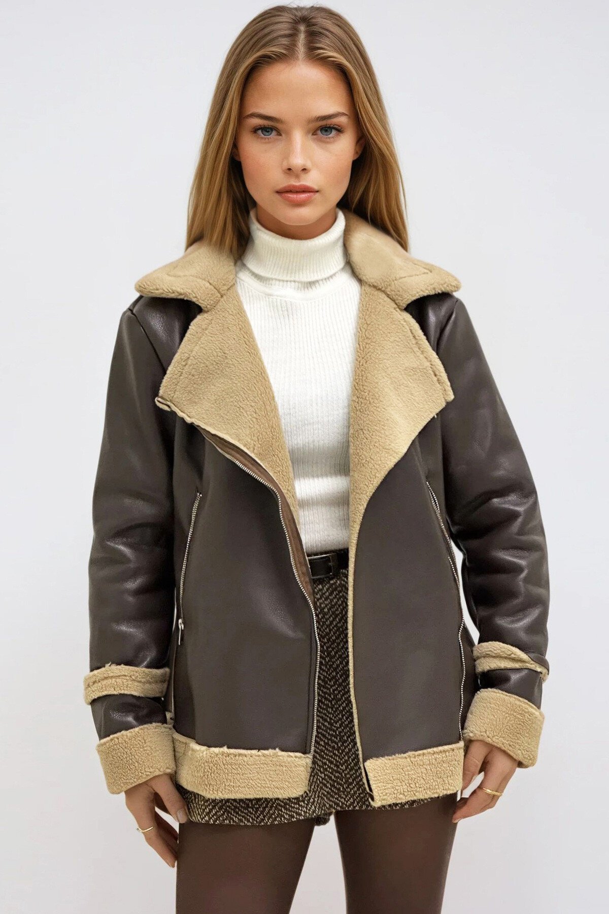 Acı Kahve Bej Çift Cepli İçi Suni Kürklü Suni Deri Biker Ceket
