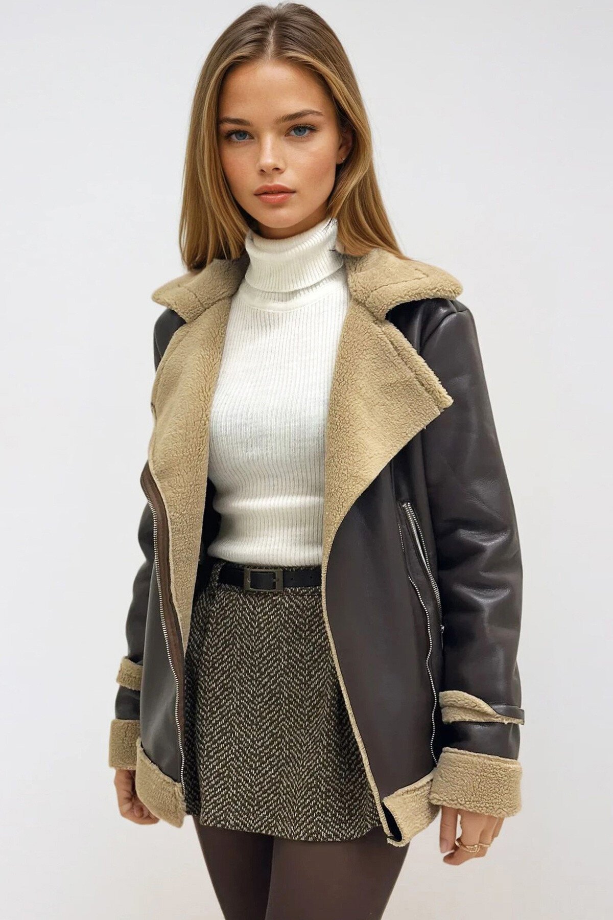 Acı Kahve Bej Çift Cepli İçi Suni Kürklü Suni Deri Biker Ceket