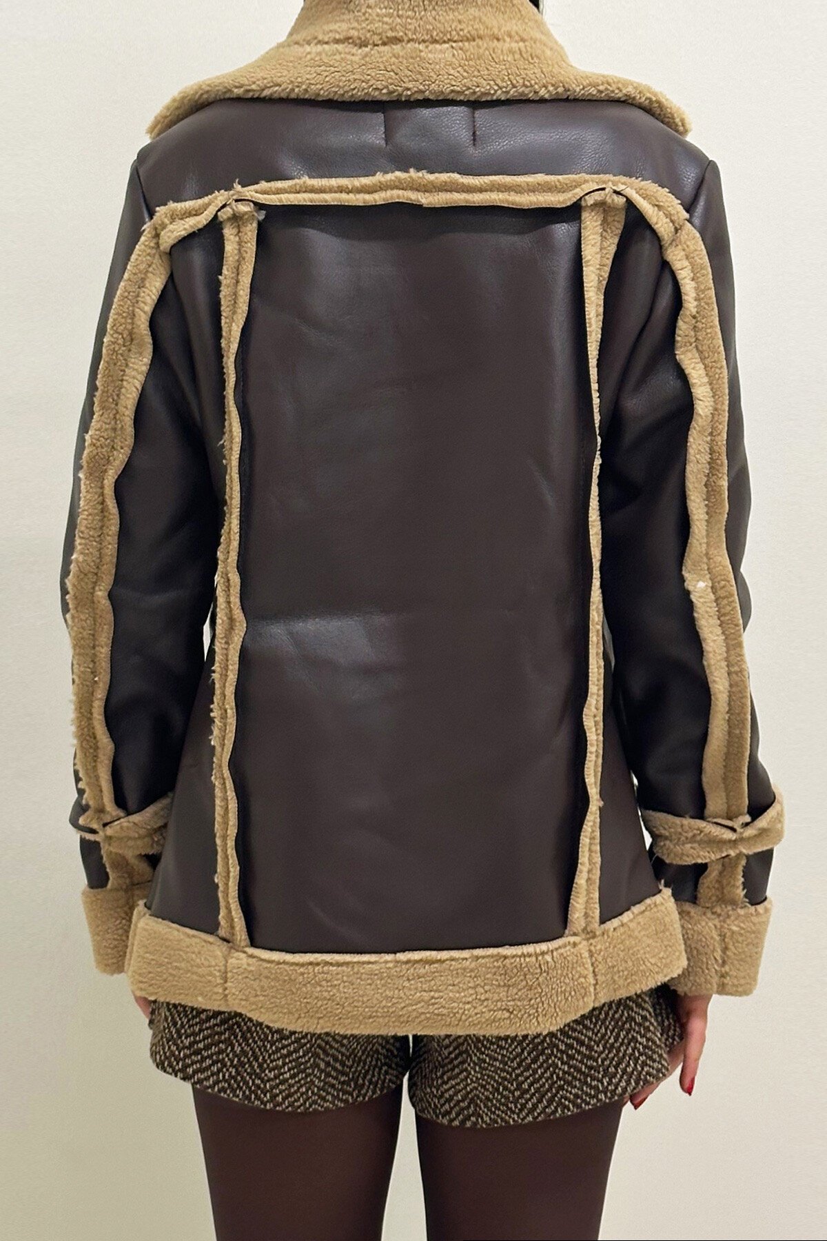 Acı Kahve Bej Çift Cepli İçi Suni Kürklü Suni Deri Biker Ceket