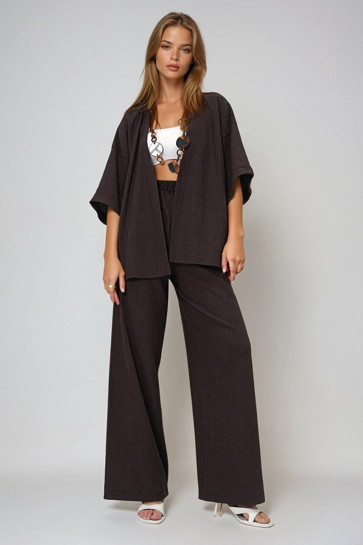 Acı Kahve Duble Kol Bürümcük Kumaş Yazlık Kimono Ve Pantolon Takım