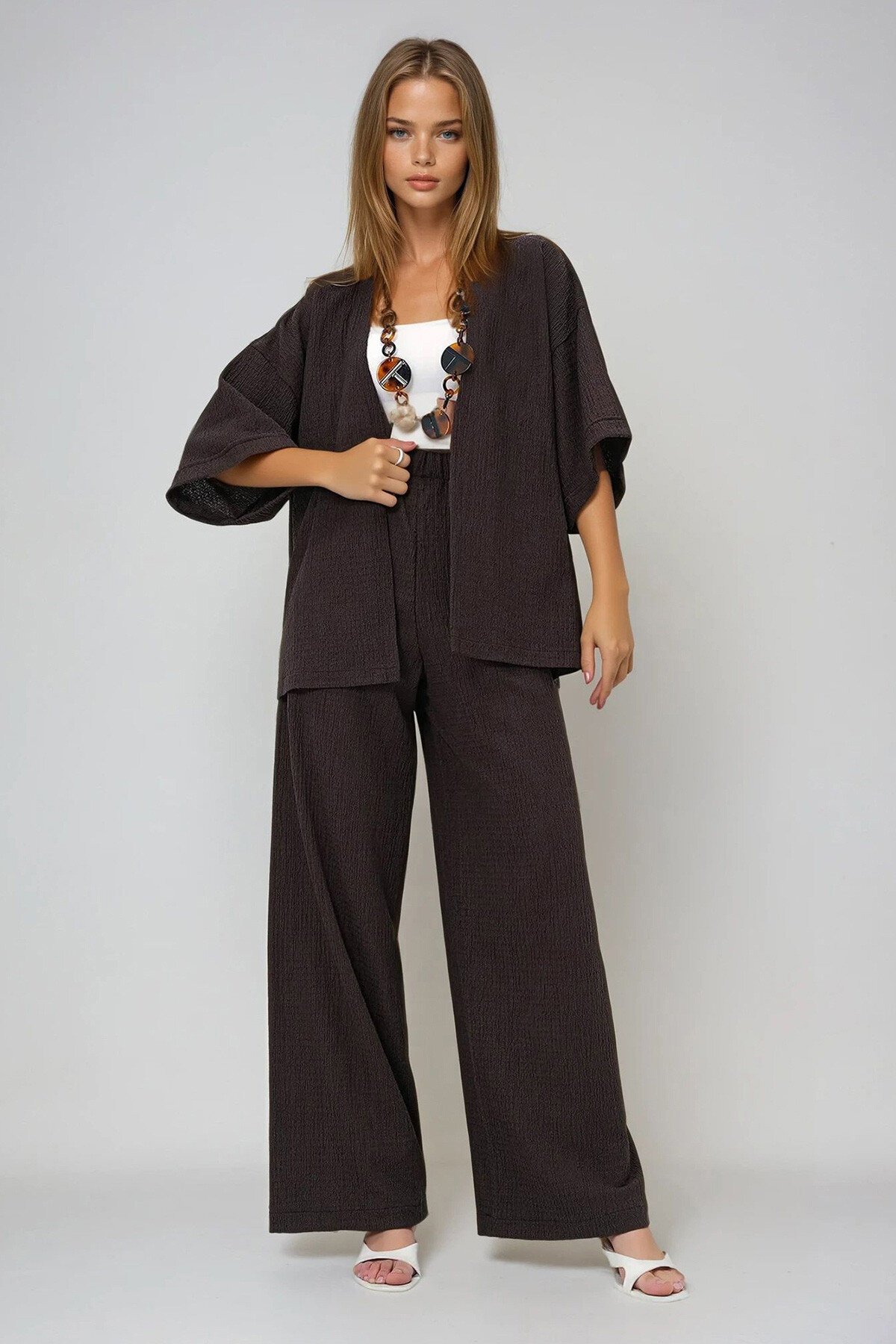 Acı Kahve Duble Kol Bürümcük Kumaş Yazlık Kimono Ve Pantolon Takım