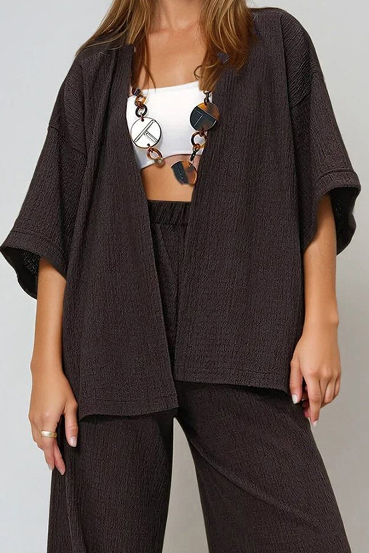 Acı Kahve Duble Kol Bürümcük Kumaş Yazlık Kimono Ve Pantolon Takım