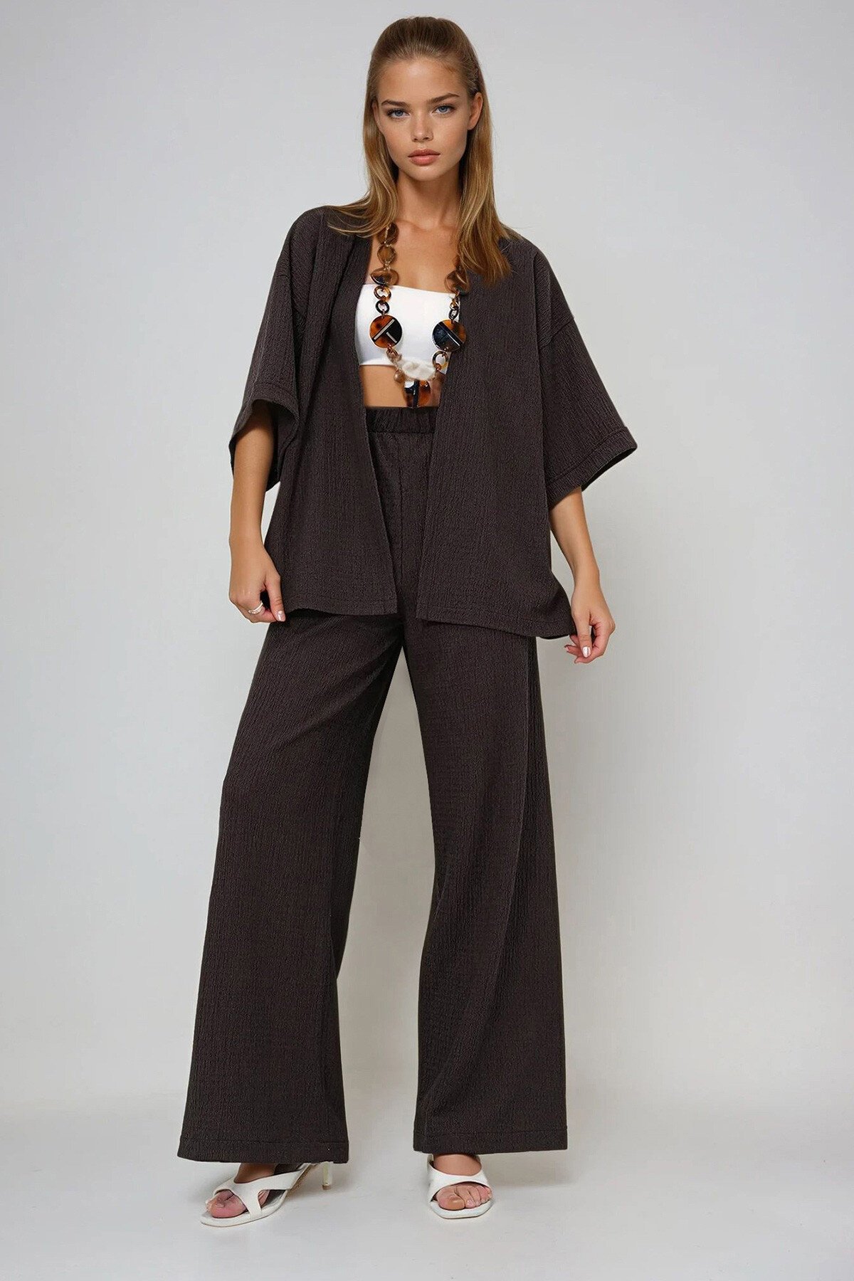 Acı Kahve Duble Kol Bürümcük Kumaş Yazlık Kimono Ve Pantolon Takım