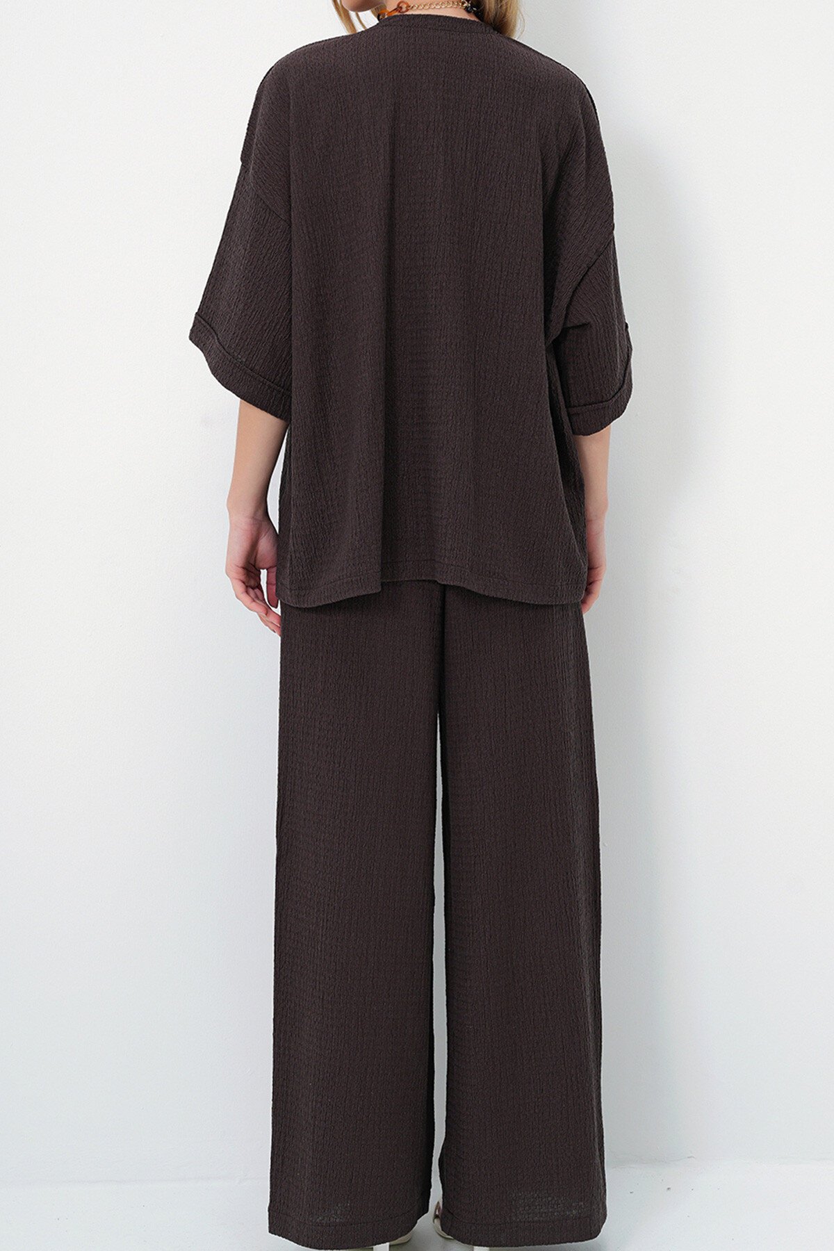 Acı Kahve Duble Kol Bürümcük Kumaş Yazlık Kimono Ve Pantolon Takım