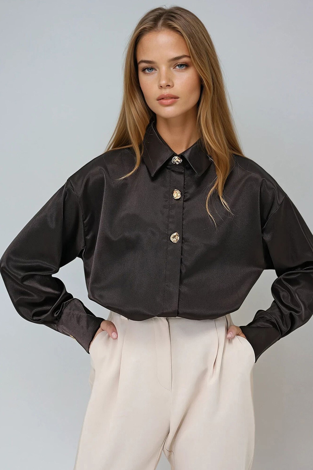 Acı Kahve Gizli Patlı Gold Düğme Detaylı Saten Gömlek