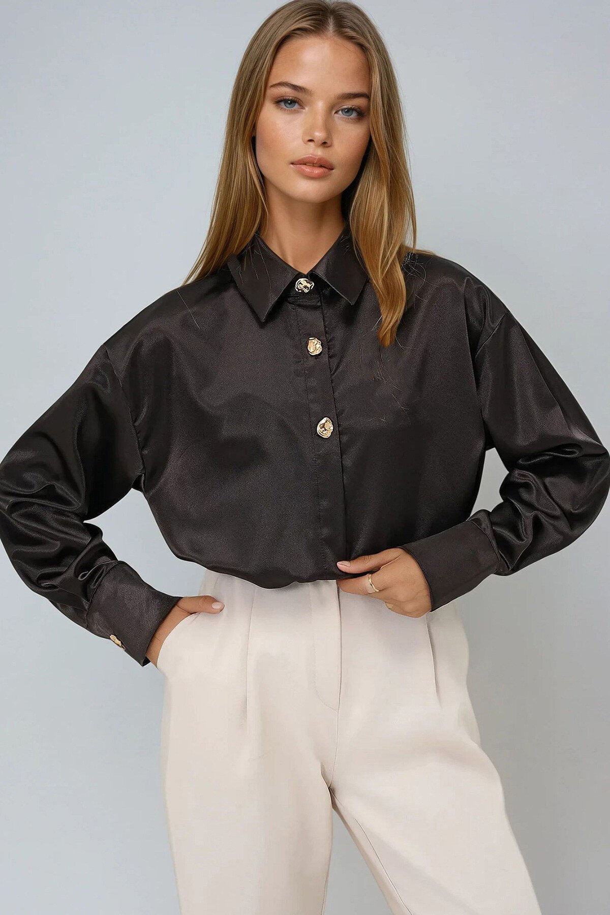 Acı Kahve Gizli Patlı Gold Düğme Detaylı Saten Gömlek