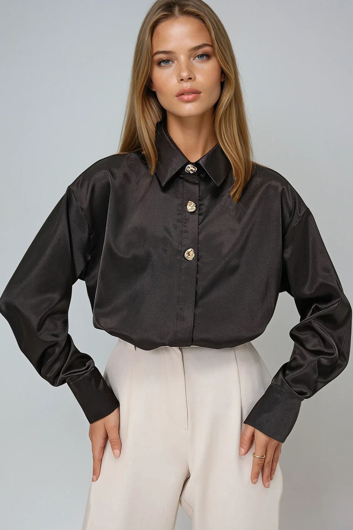 Acı Kahve Gizli Patlı Gold Düğme Detaylı Saten Gömlek