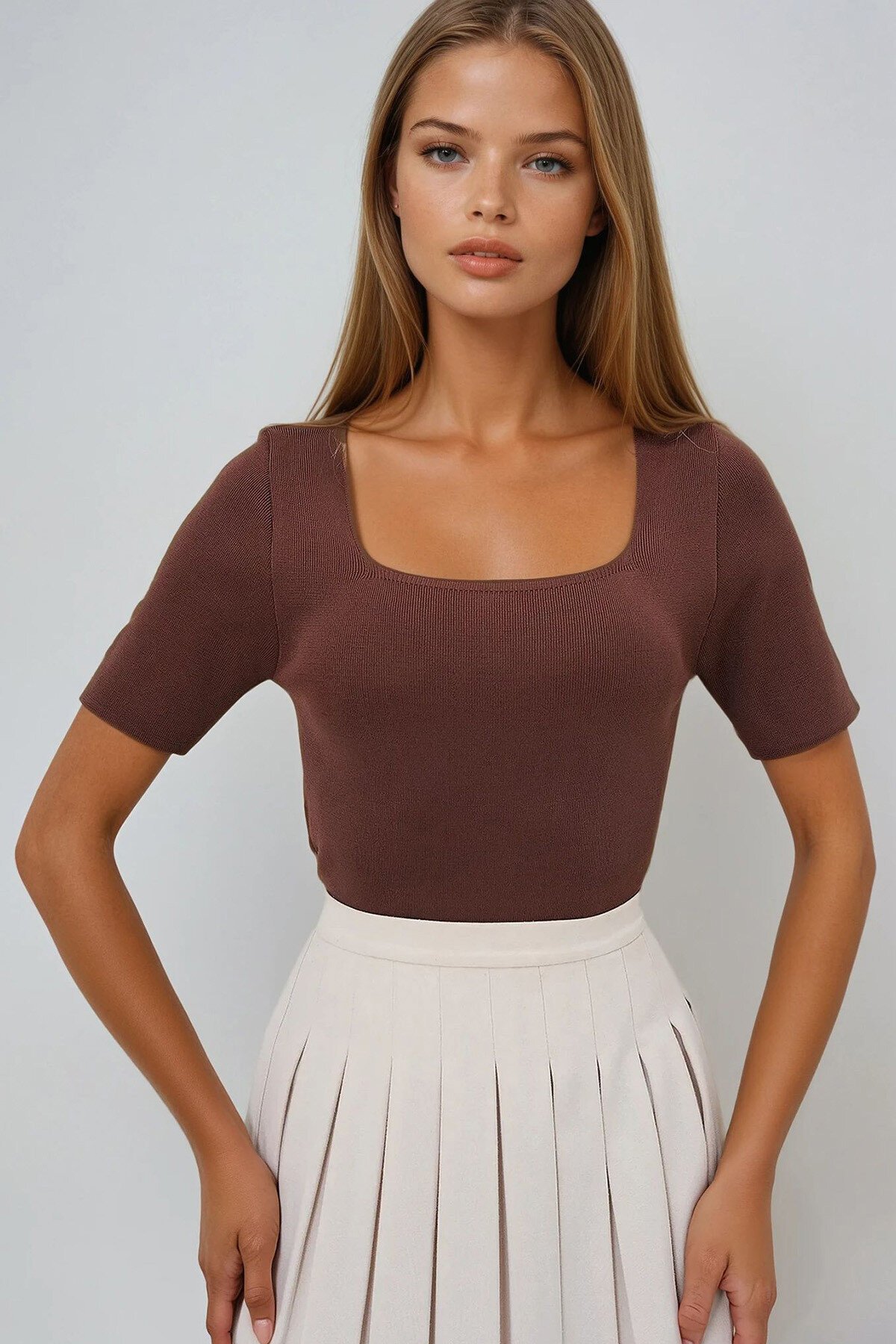 Acı Kahve Kare Yaka Kısa Kollu Mevsimlik Triko Bluz