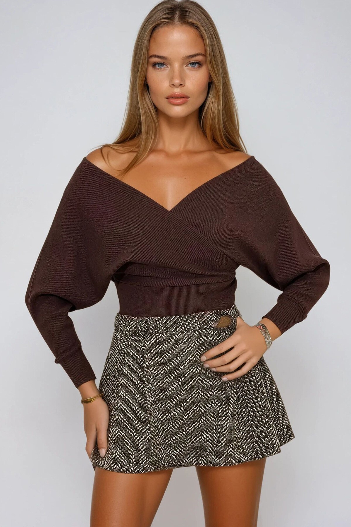 Acı Kahve Ön Arka V Yaka Kruvaze Bluz