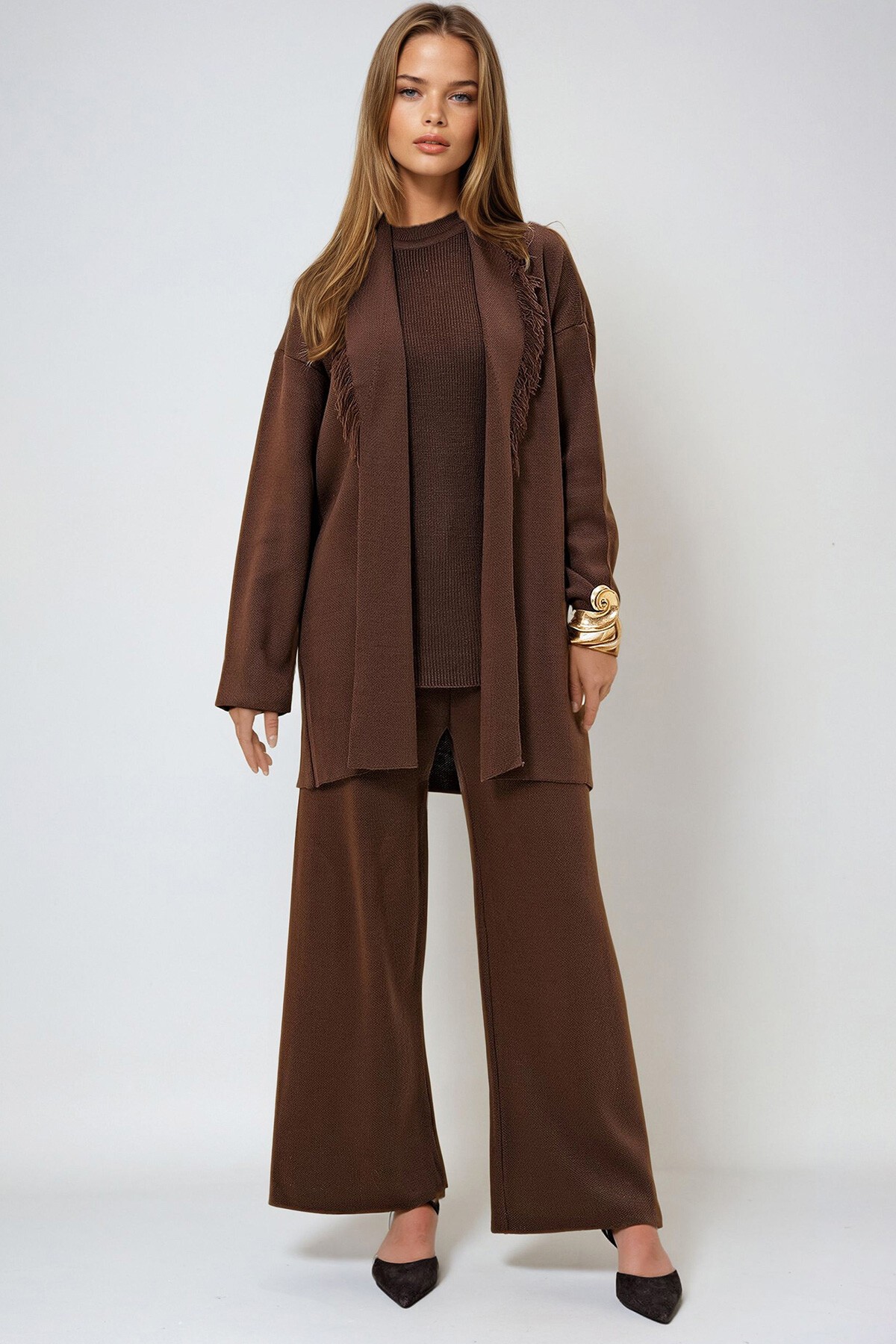 Acı Kahve Şal Yaka Püskü Detaylı Ceket Dik Yaka Bluz Ve Palazzo Pantolon Takım