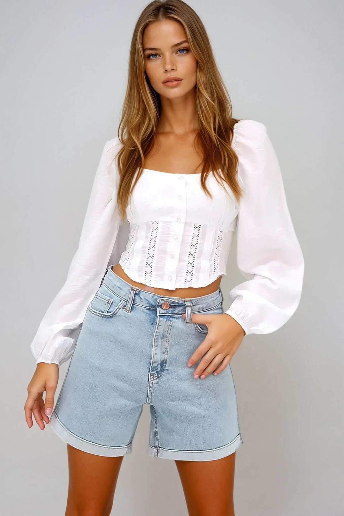 Açık Mavi Duble Paça Cepli Jean Kot Şort