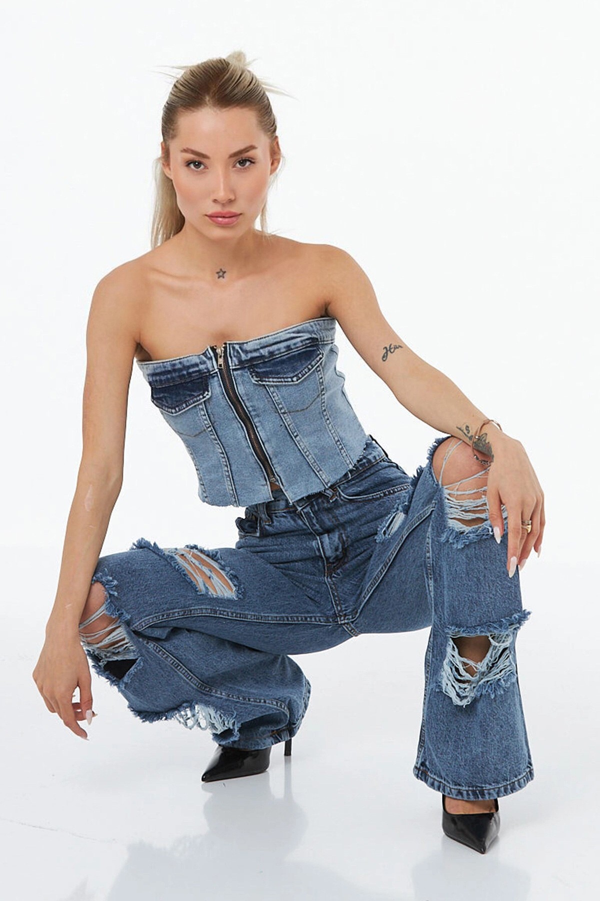 Açık Mavi Fermuarlı Straplez Gipeli Denim Büstiyer