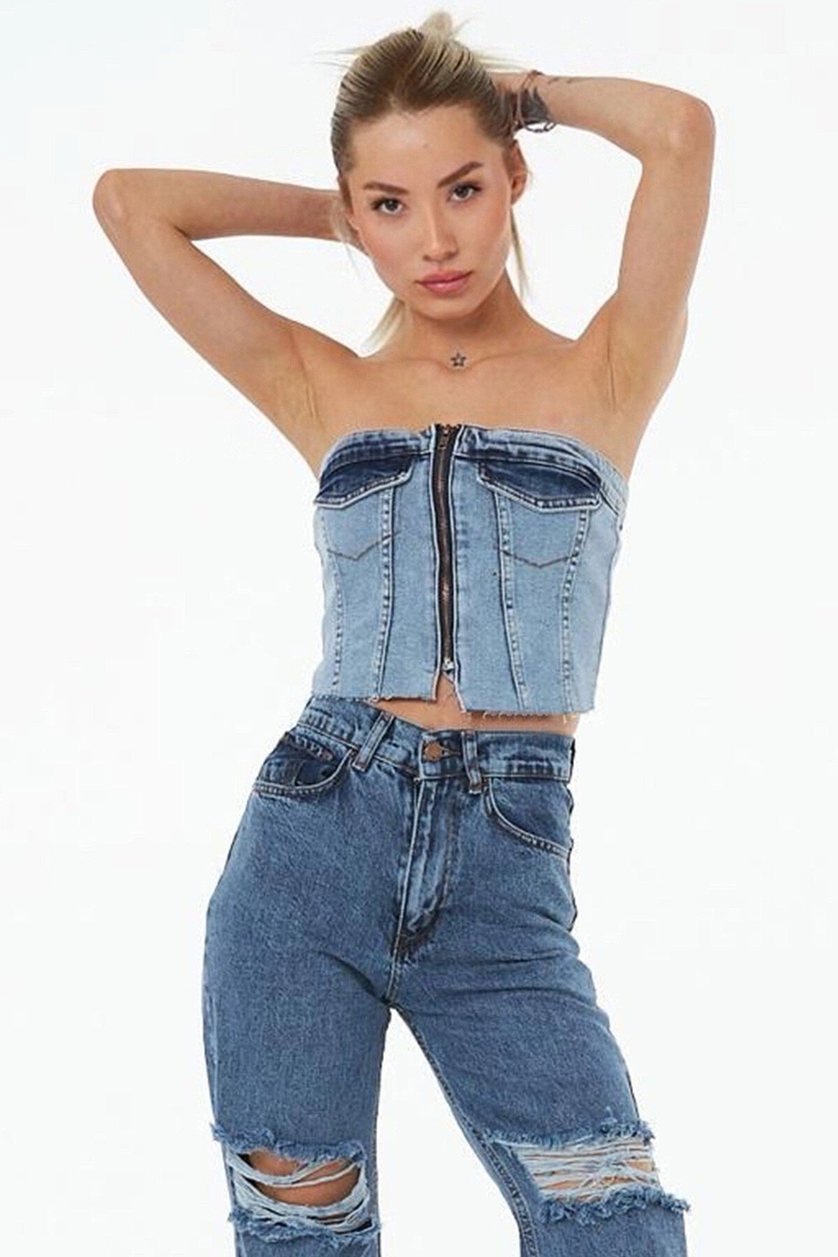 Açık Mavi Fermuarlı Straplez Gipeli Denim Büstiyer