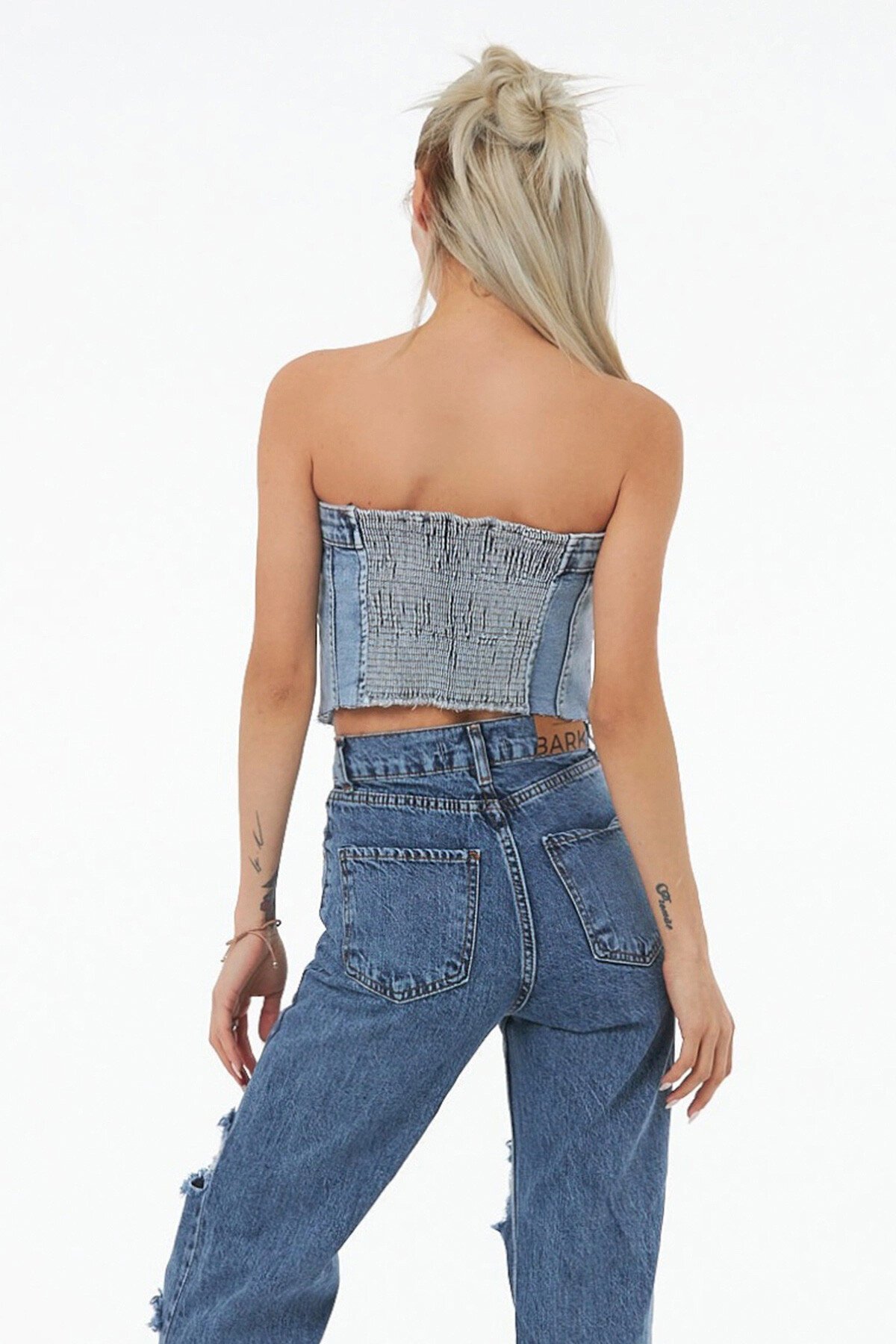 Açık Mavi Fermuarlı Straplez Gipeli Denim Büstiyer