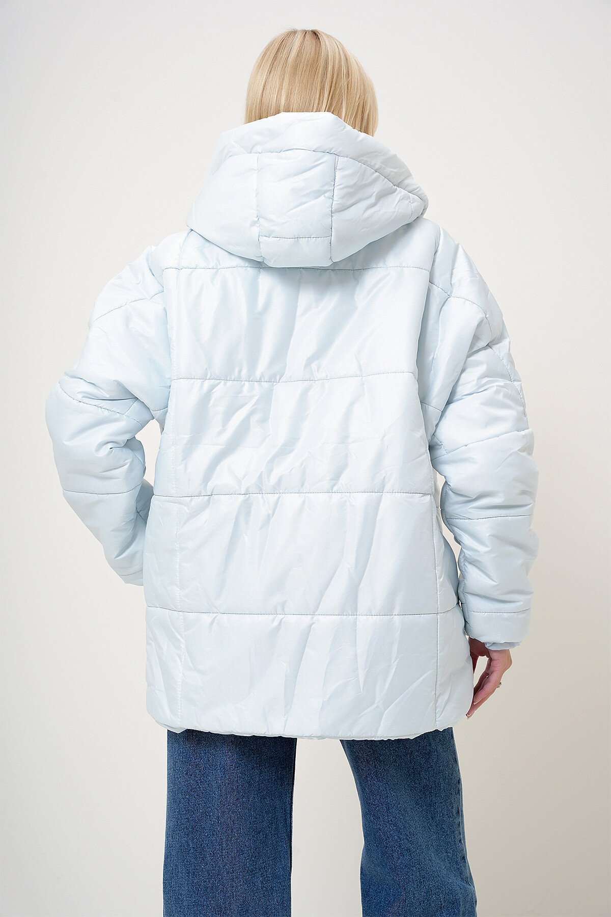 Açık Mavi Kapüşonlu Fleto Cepli Puffer Fashion Oversize Şişme Mont