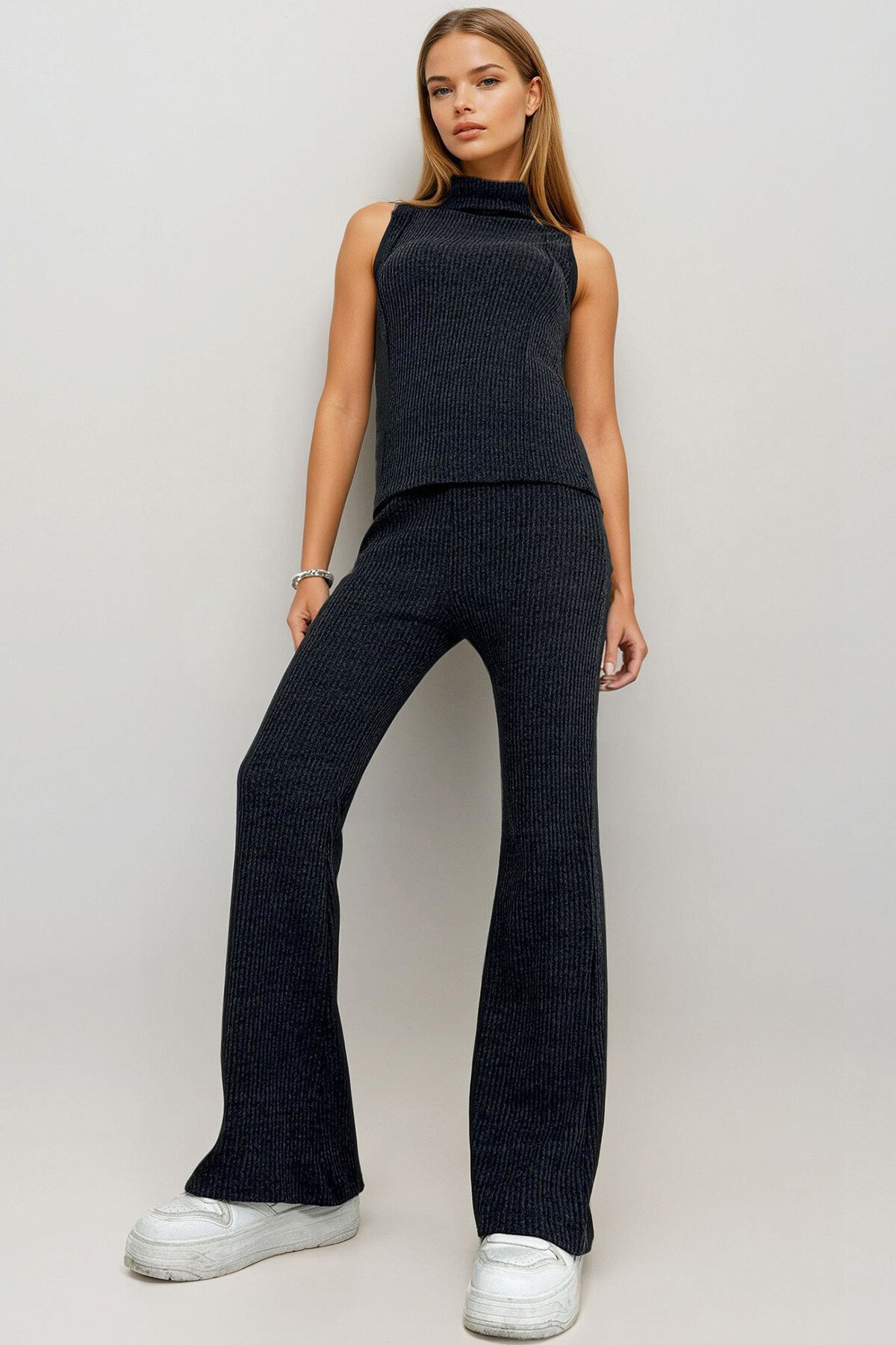 Antrasit Balıkçı Yaka Önü Dikişli Selanik Örgü Triko Pantolon Kazak Takım