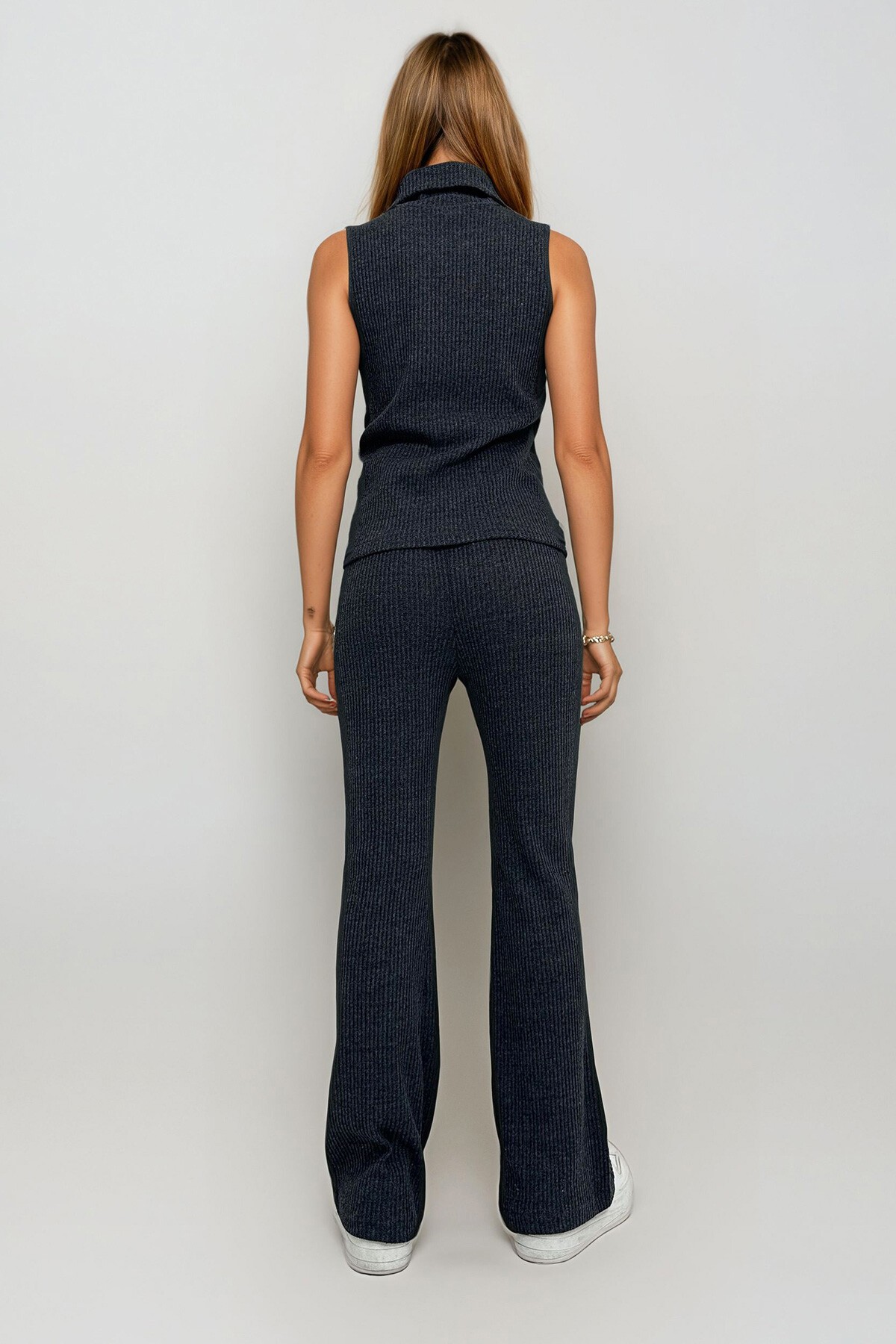 Antrasit Balıkçı Yaka Önü Dikişli Selanik Örgü Triko Pantolon Kazak Takım