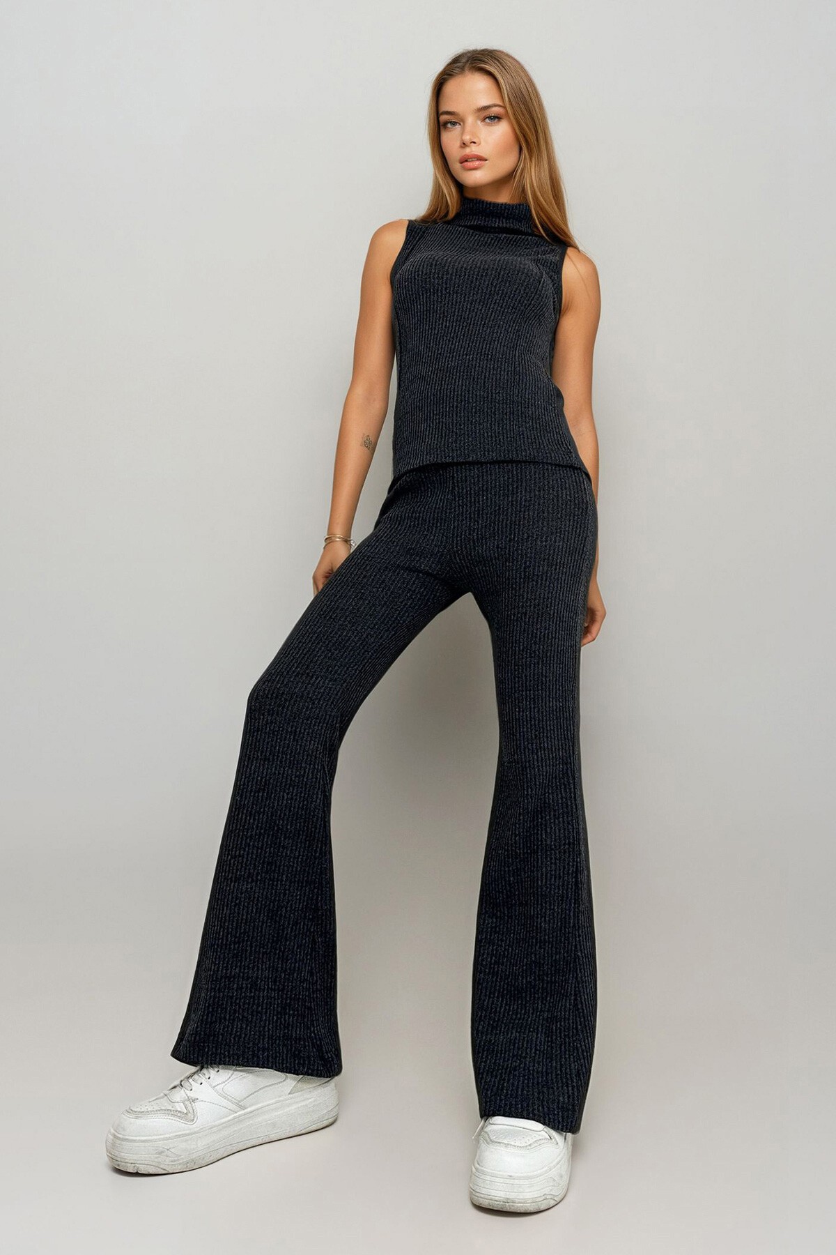 Antrasit Balıkçı Yaka Önü Dikişli Selanik Örgü Triko Pantolon Kazak Takım