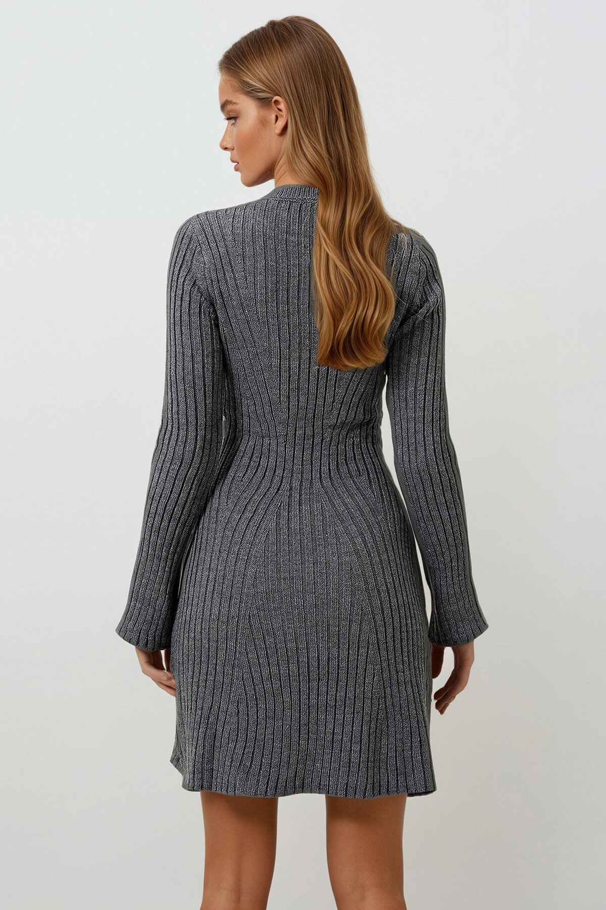 Antrasit Bisiklet Yaka Triko Elbise