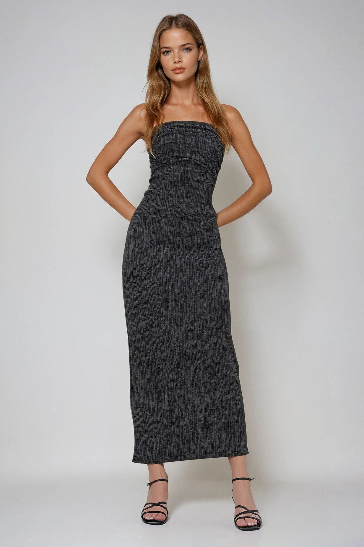 Antrasit Bürümcük Kumaş Yanları Büzgülü Yazlık Straplez Elbise