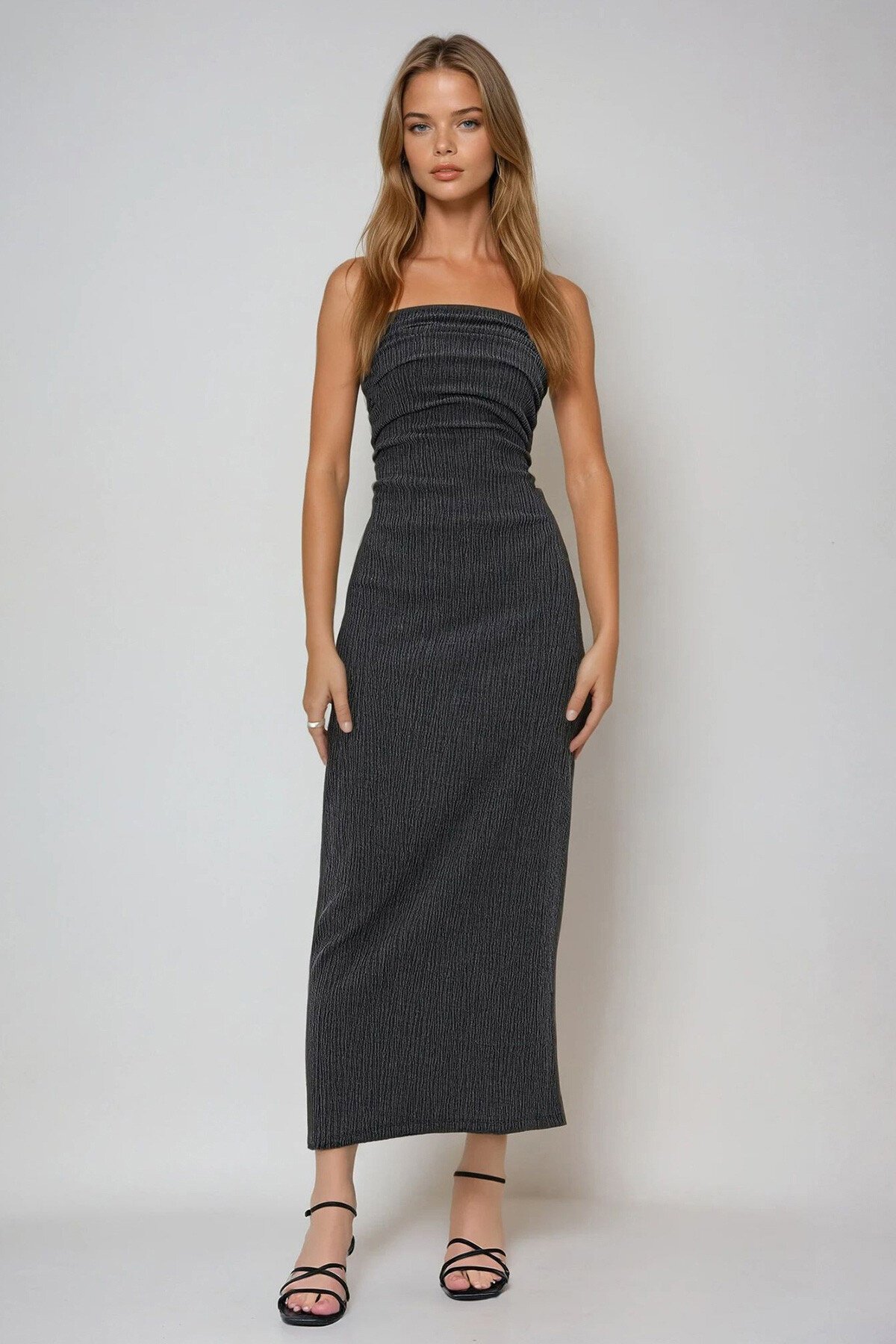 Antrasit Bürümcük Kumaş Yanları Büzgülü Yazlık Straplez Elbise