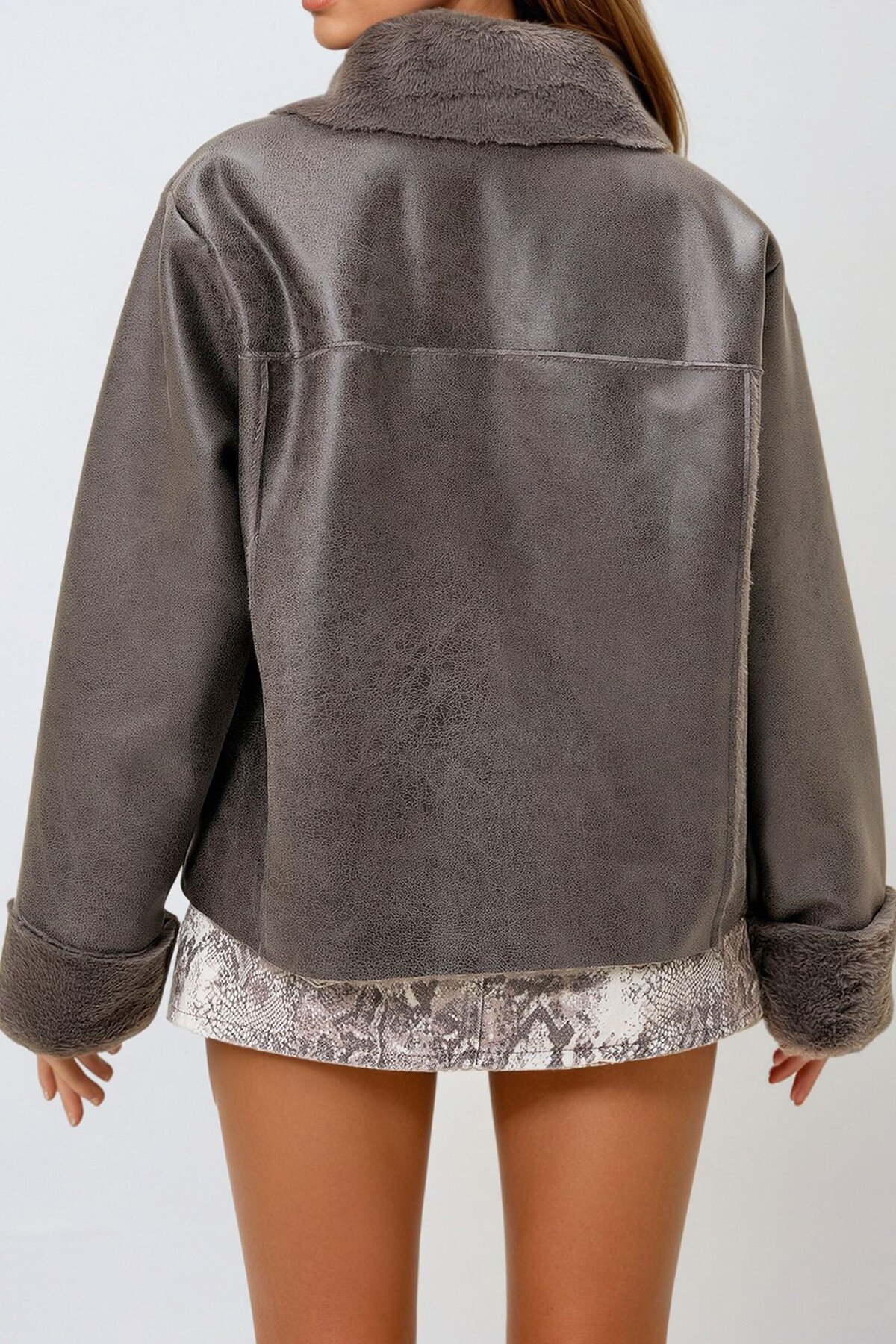Antrasit Çift Cepli İçi Suni Kürklü Suni Deri Biker Ceket