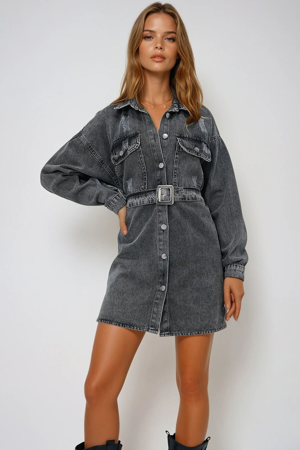 Antrasit Çift Cepli Kemerli Jean Mini Elbise