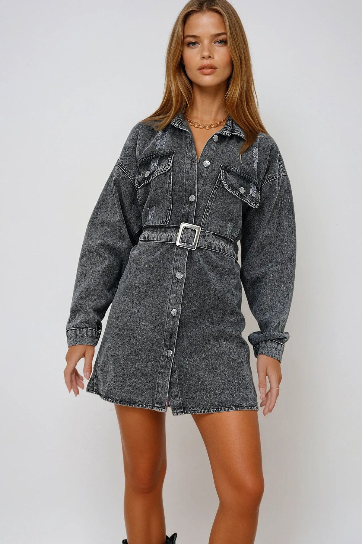 Antrasit Çift Cepli Kemerli Jean Mini Elbise