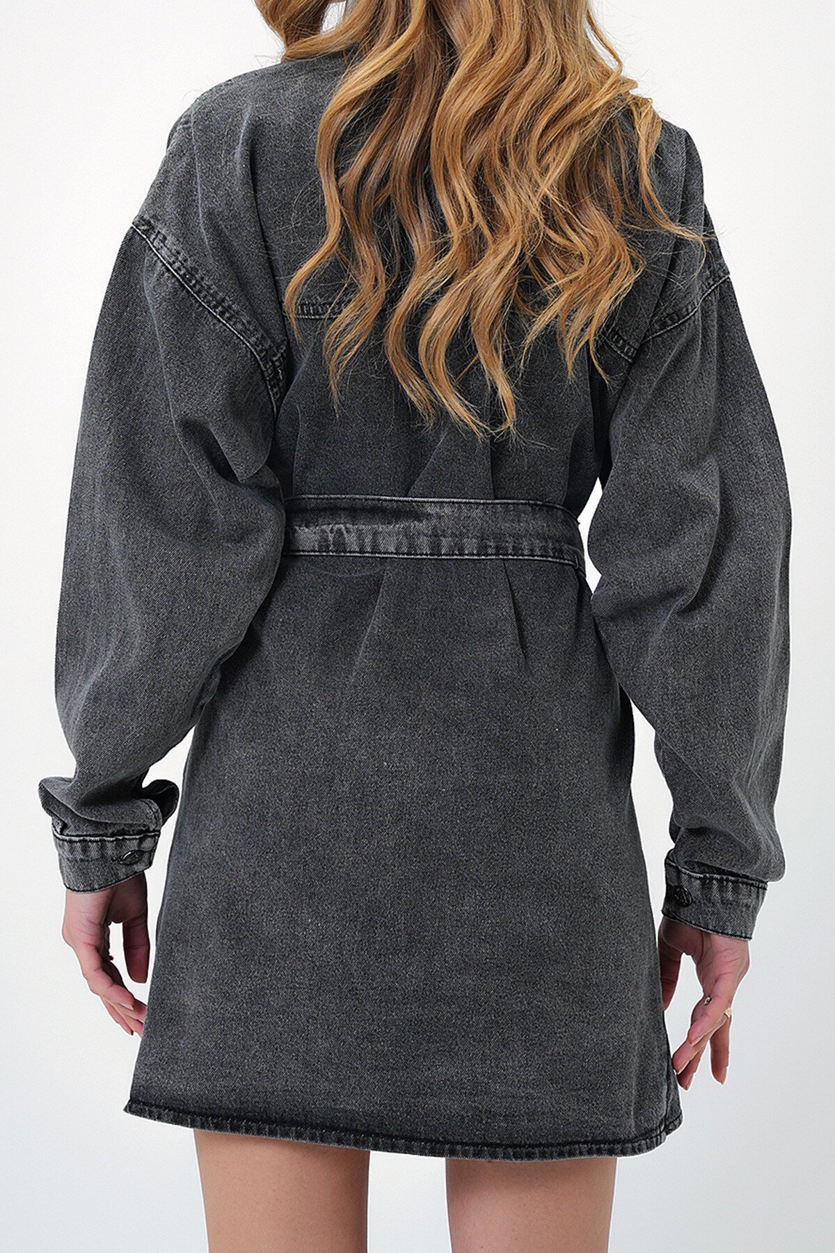Antrasit Çift Cepli Kemerli Jean Mini Elbise