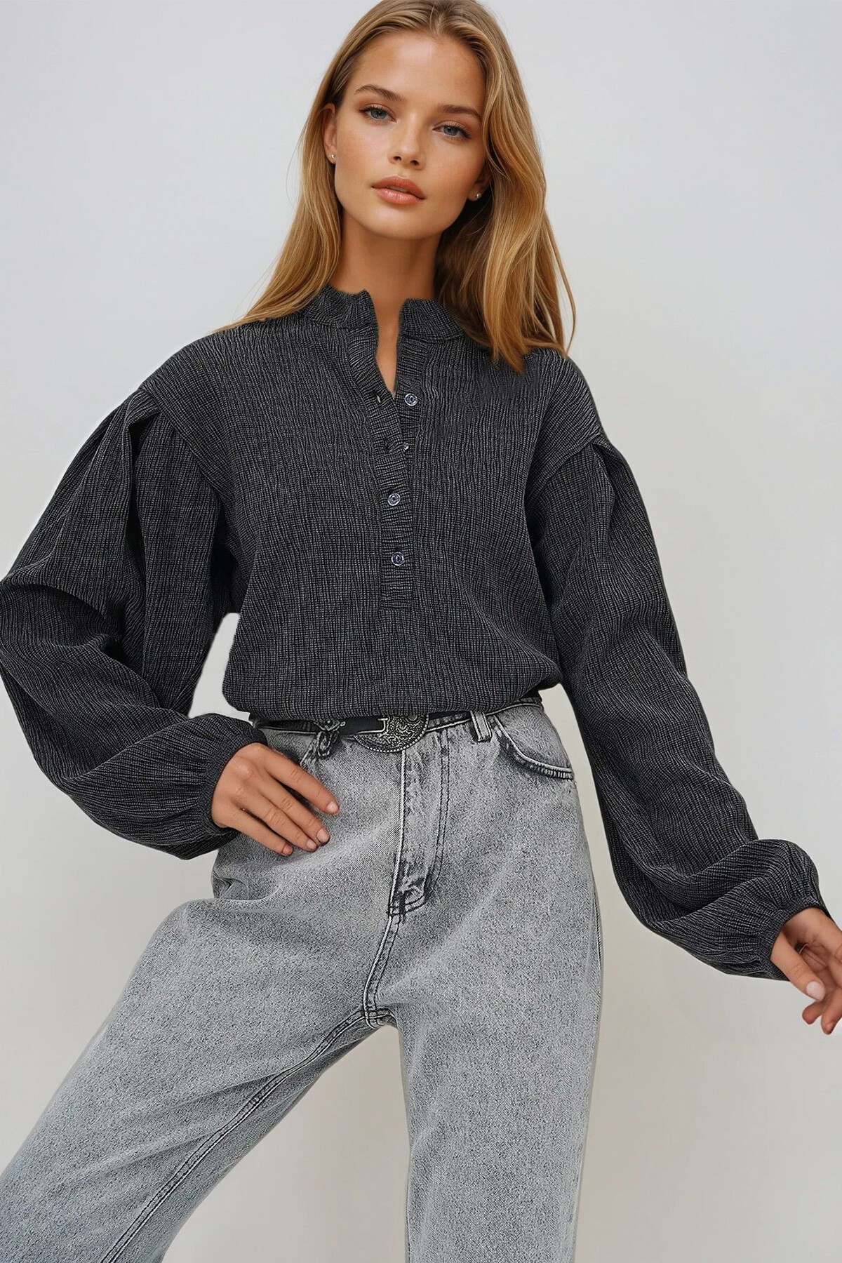 Antrasit Hakim Yaka Önü Düğmeli Balon Kol Dokulu Bürümcük Gömlek Bluz