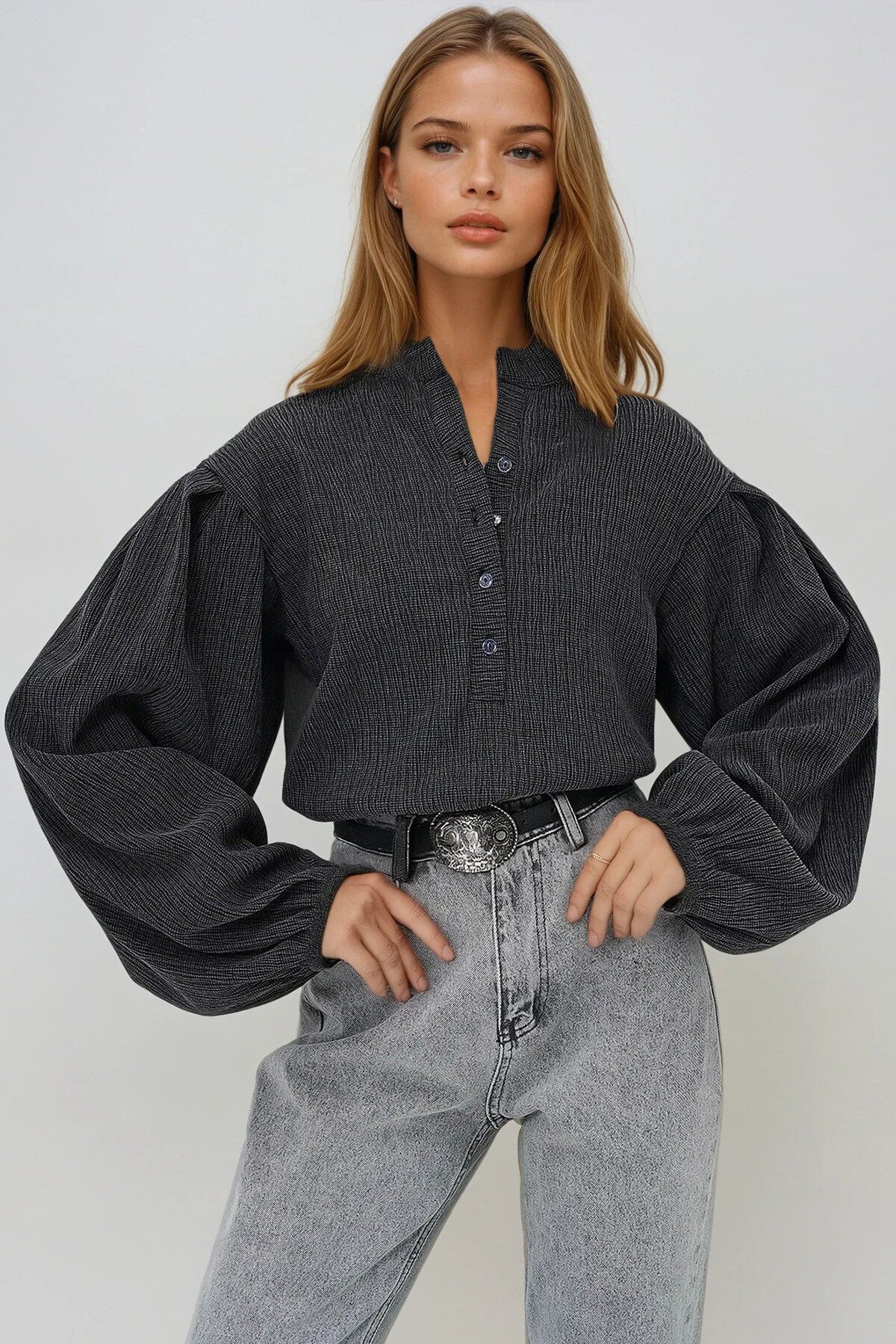 Antrasit Hakim Yaka Önü Düğmeli Balon Kol Dokulu Bürümcük Gömlek Bluz