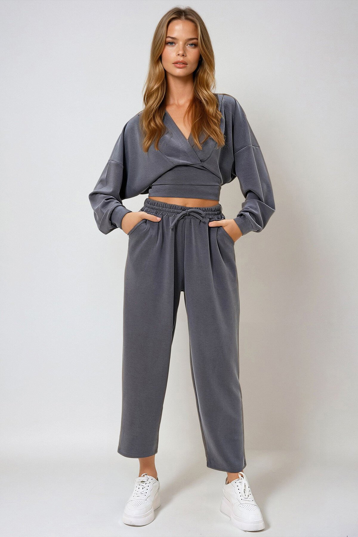 Antrasit Kapüşonlu Kruvaze Yaka Bol Kesim Modal Alt Üst Takım